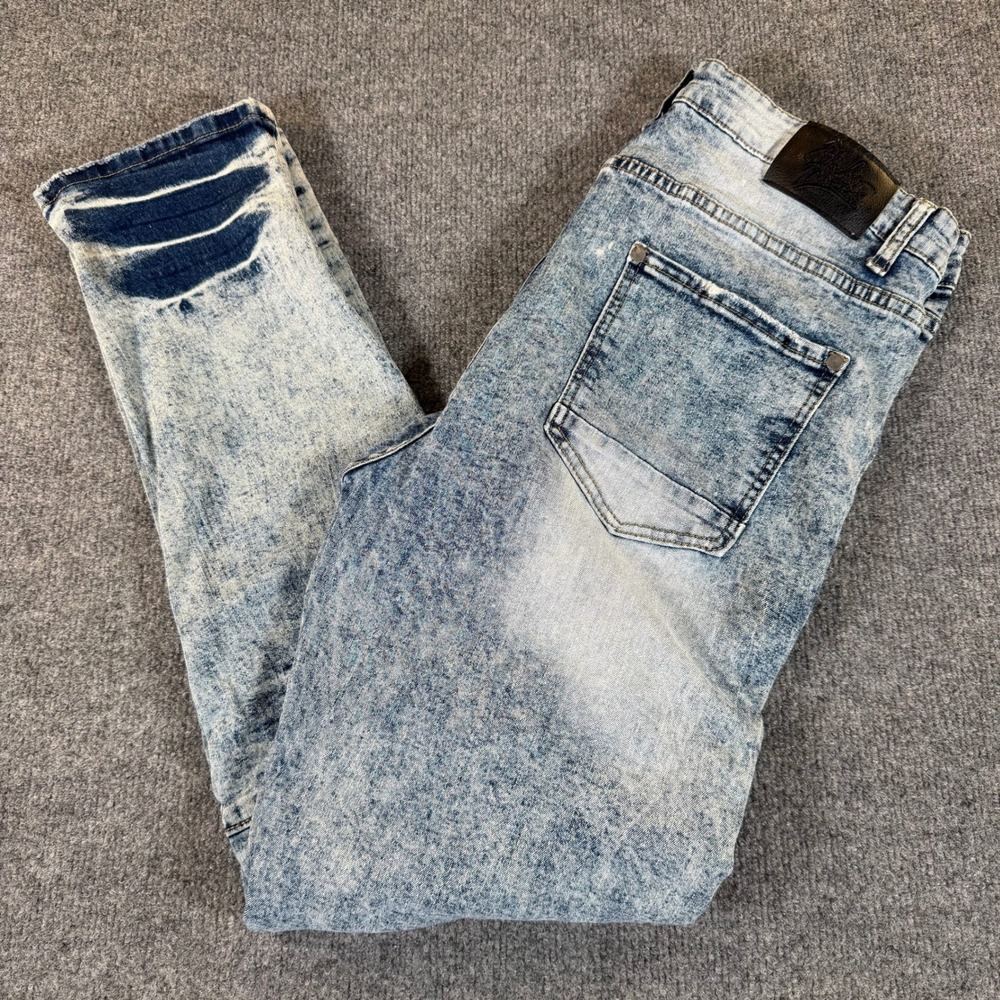 Bleecker & Mercer Mens 38x32 Acid Wash Moto Denim Jeans Blue Streetwear 3502